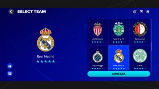 FC Mobile interface screen labelled "Select Team" with a selection of team logos. Real Madrid logo is selected.