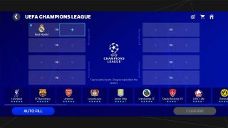 A team pairing screen in FC Mobile for the UEFA Champions League featuring Real Madrid, with options to add and arrange teams for matches.