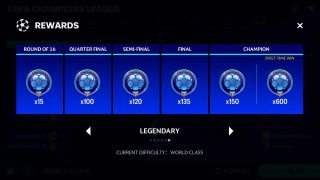 A digital rewards screen for the UEFA Champions League displaying increasing rewards from the Round of 16 to the Championship.