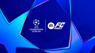 Logo van de UEFA Champions League naast EA Sports FC Mobile tegen een levendige blauwe achtergrond met stermotieven.