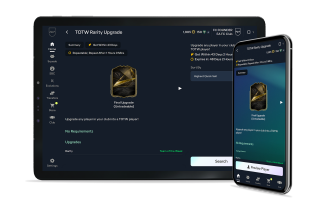 A tablet and a mobile phone screen showing the FC Companion app interface for TOTW Rarity Upgrade.