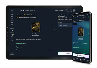 Uno schermo di un tablet e di un cellulare che mostrano l'interfaccia della Companion App di FC per l'aggiornamento di rarità TOTW.