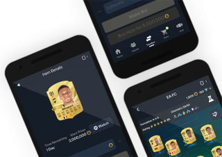 Vista ritagliata e angolare degli schermi di tre telefoni cellulari che mostrano il menu delle offerte nell'interfaccia della Companion App di FC.