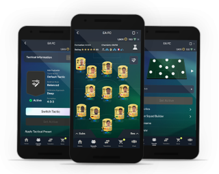 Tre telefoni cellulari che mostrano varie schermate della Companion App di FC. 