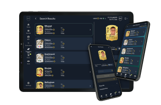 Un tablet e due schermi di telefoni cellulari che mostrano l'interfaccia della Companion App di FC.