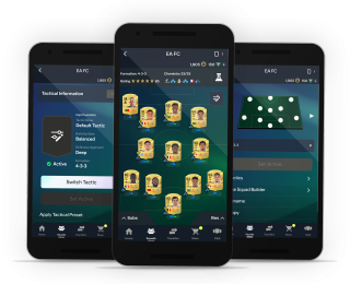 Three mobile phones showing various screens from the FC Companion app. 