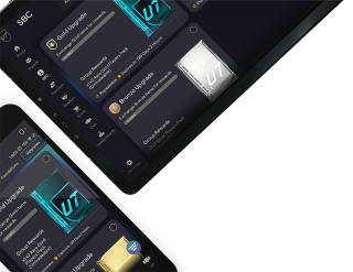 Uma visão recortada e angular de um tablet e uma tela de celular mostrando a interface do aplicativo FC Companion.