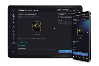 Um tablet e a tela de um telefone celular mostrando a interface do aplicativo FC Companion para a Atualização de Raridade da TOTW.