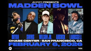Eventposter för EA Sports Madden Bowl med fem artister, evenemang på Chase Center, San Francisco, Kalifornien, den 6 februari 2026, med stor fet blå och vit text och artistfoton.
