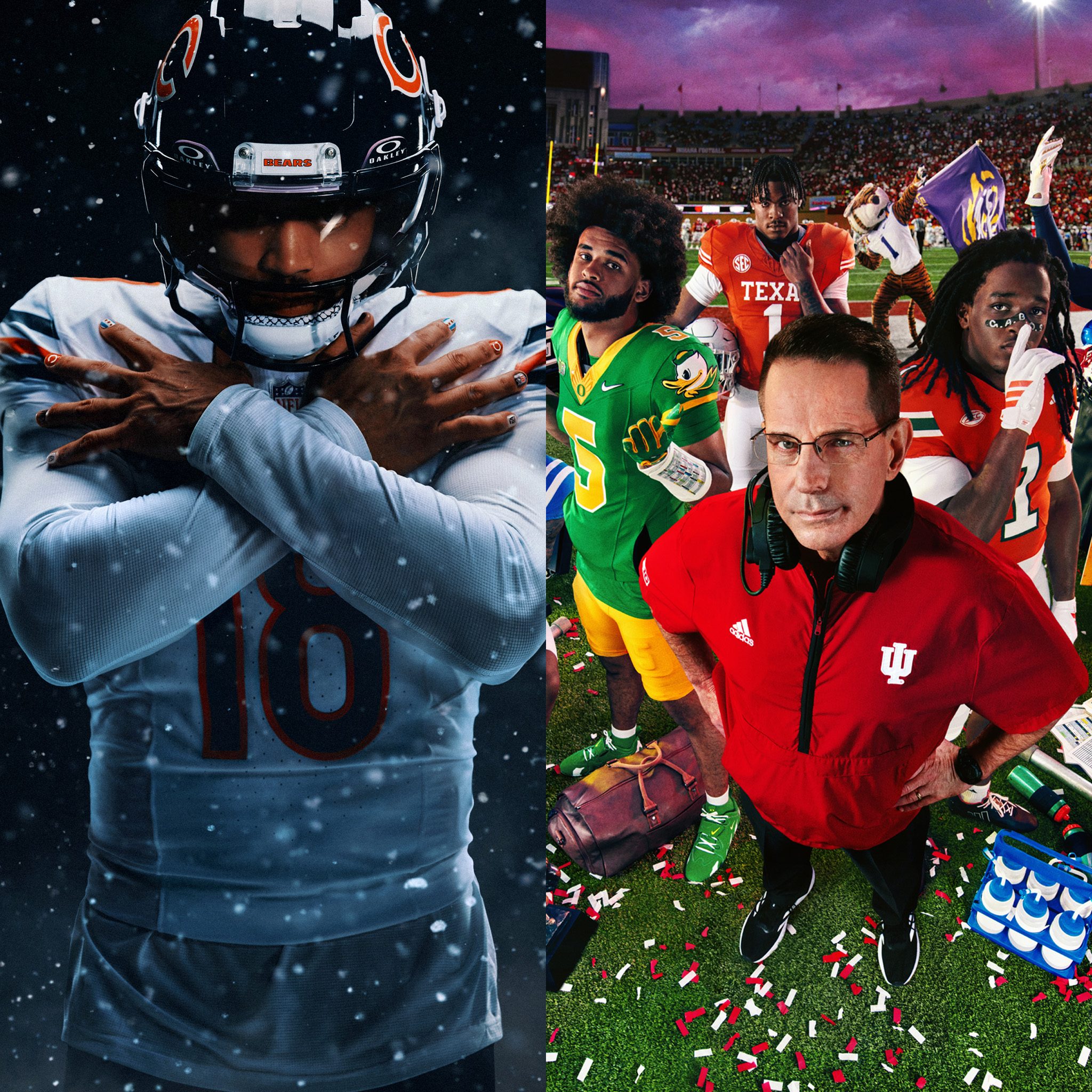 Promotional banner for the MVP Bundle featuring Madden NFL 27 Deluxe Edition with Caleb Williams from the Chicago Bears on the left, and College Football 27 Deluxe Edition with a coach and multiple college players and mascots on the right.