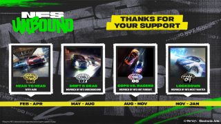 Year 2 content updates for NFS Unbound: Vol. 6 Head to Head featuring Audi (Feb-Apr), Vol. 7 Drift & Drag inspired by NFS Underground (May-Aug), Vol. 8 Cops vs. Racers inspired by NFS Hot Pursuit (Aug-Nov), Vol. 9 Lockdown inspired by NFS Most Wanted (Nov-Jan). Banner reads “Thanks for your support”.