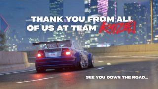 Rear view of the Legendary Custom BMW M3 GTR seen at night and a text “Thank you from all of us at team Kaizen. See you down the road…”