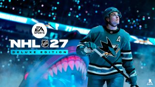 Billede af forsiden af NHL 27 Deluxe med coveratleten Macklin Celebrini i sit San Jose Sharks-udstyr.