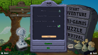 The main menu of Plants vs. Zombies, showing the options screen. Music and sound FX sliders are visible along with a checkbox for vibration. Buttons for “Credits,” “OK,” and “Back” appear below, and the gravestone-style menu on the right includes “Start Adventure,” “Mini-Games,” “Puzzle,” and “Survival.”