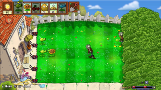 Early daytime level of Plants vs. Zombies. A basic setup with two Peashooters and one Sunflower is shown defending against zombies walking in from the right. The player has 50 sun and several plant cards available at the top bar.