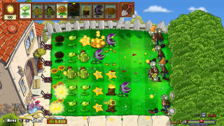 A daytime Plants vs. Zombies lawn with one sunflower planted in the middle. The player has 75 sun and six plant cards available at the top, including Peashooter, Sunflower, Cherry Bomb, Potato Mine, and Snow Pea. No zombies are visible yet, indicating the start of a level.