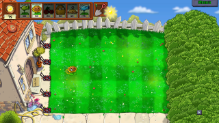 A daytime Plants vs. Zombies lawn with one sunflower planted in the middle. The player has 75 sun and six plant cards available at the top, including Peashooter, Sunflower, Cherry Bomb, Potato Mine, and Snow Pea. No zombies are visible yet, indicating the start of a level.