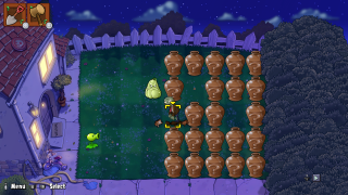 A nighttime Vasebreaker mini-game from Plants vs. Zombies. The player has broken a few vases revealing a zombie and some plants, including a Wall-nut and a Peashooter. Many unbroken vases remain arranged in rows on the lawn.