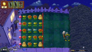 Another I, Zombie mini-game scene from Plants vs. Zombies. The player controls zombies attacking a defensive layout with Sunflowers, Peashooters, and Wall-nuts. A buckethead zombie advances through the middle row, while the player has 25 sun remaining.
