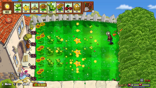A busy daytime lawn in Plants vs. Zombies with various plants including Sunflowers, Peashooters, Cacti, Chompers, and Starfruit. Zombies with cone and bucket helmets are approaching from the right. The player has 100 sun, and several pumpkin shells protect plants in the middle rows.