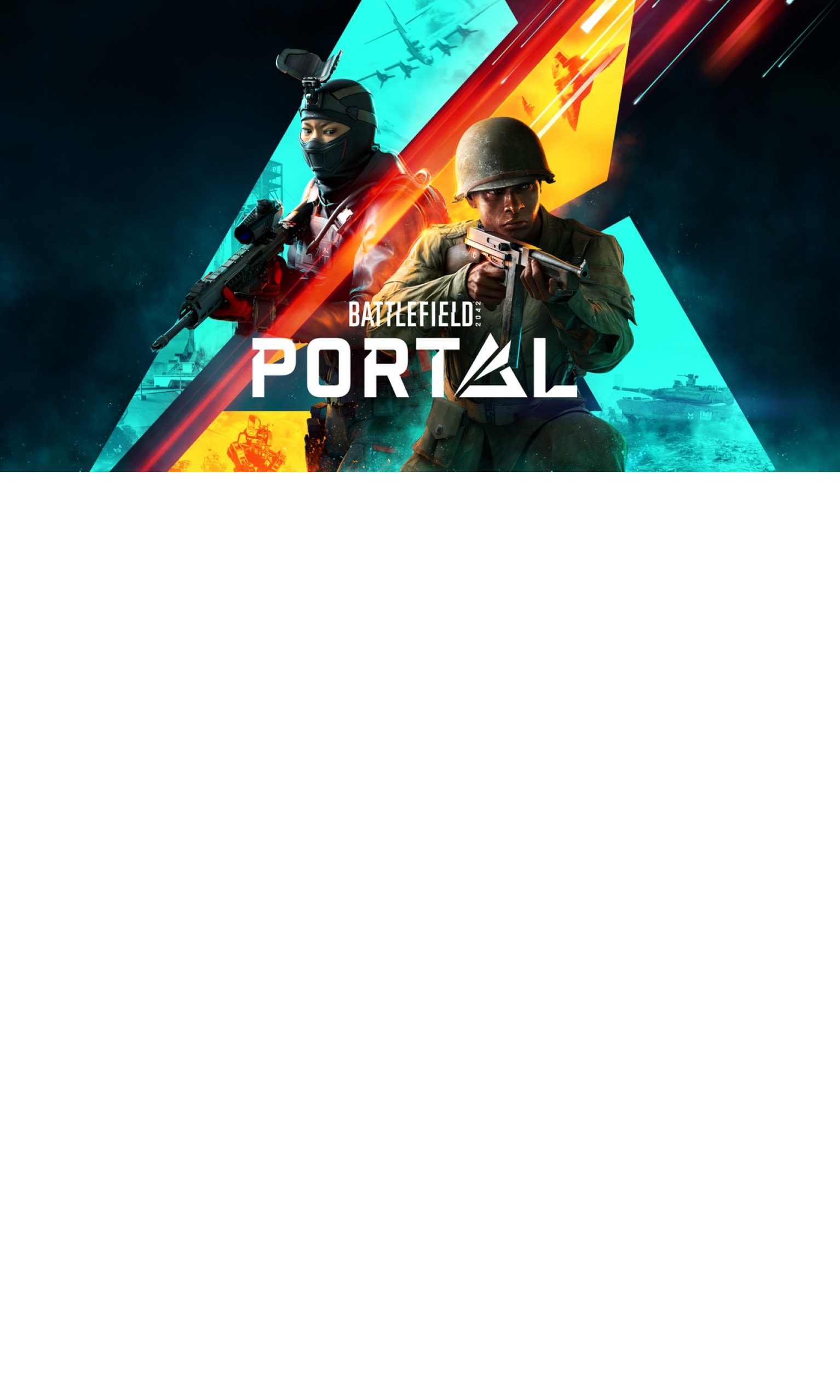 Cover art for Battlefield Portal featuring two soldiers in action poses with vibrant geometric background elements and the Battlefield Portal logo prominently displayed.