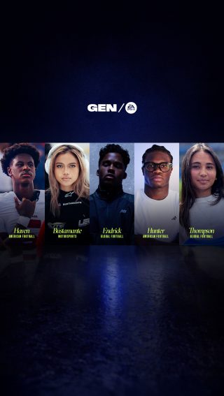 GEN / EA SPORTS image with five featured athletes: Elijah Haven, Bianca Bustamante, Endrick, Travis Hunter, and Alyssa Thompson. 