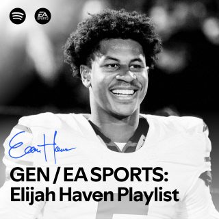 Picture of Elijah Haven in black and white with EA Sports and Spotify logos on the top. The text reads: GEN/EA SPORTS: Elijah Haven Playlist