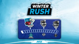 Winter Rush gaming event screen displaying rewards such as blueprints, currency, car upgrades, nitro, and a badge, set against a snowy blue background.