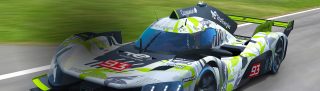 White Peugeot 9X8 Hypercar with black and lime green graphic details and a number 93 on it