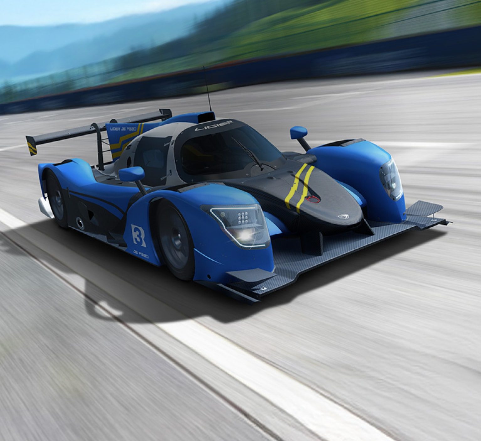 青と黒のレーシングカー、Ligier JS P320がサーキットを疾走している