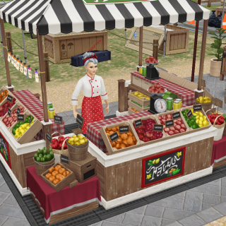 Screenshot di gioco che mostra un Sim a un chiosco di cibo.