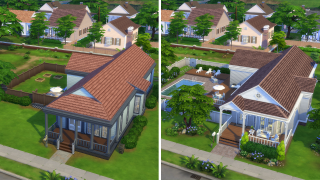 2 Side-by-side images: the left shows a plain house with a bare yard, and the right displays the same house upgraded with a pool, garden, patio, and outdoor furniture.