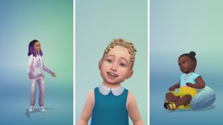 A collage of 3 Sims kids. A Sim with purple dreadlocks and purple clothes, a close up of a blond Sim in a blue dress, and a baby Sim sitting cross-legged.