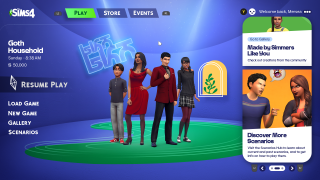 The new Sims 4 in-game main menu. A group of Sims stand together, a list of game options on the left, two tiles that feature community content and scenarios are on the right. 