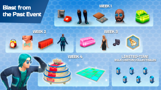 A promotional image for a Blast from the Past event features weekly rewards, including retro items like a rotary phone and cassette player, and limited-time milk cartons.