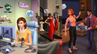 Collage of three scenes: A Sim gaming at a desk with a headset; a Sim trying on red dresses in front of a mirror; a Sim gesturing animatedly at another Sim.