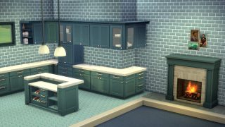 A muted-blue themed kitchen with the same colored tile walls and floors, cabinets, drawers, fireplace, and window.