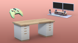 Image of a wooden desk with drawers, a pair of monitors on a stand, a keyboard, a microphone, and a mint green game controller