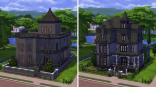 Side-by-side comparison of two dark, gothic-style houses surrounded by lush greenery. 