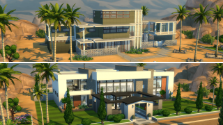 Split image of two modern houses. The top house features a mix of green and gray tones. The bottom house showcases a sleek white and gray design with a pergola in front.