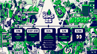 A timeline of dates with events written beneath the dates. The background is an eclectic graffiti style collage of various objects and characters from the Sims.