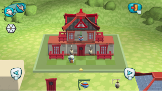 A cartoon-style game interface featuring a two-story house. Various game icons and controls surround the image