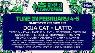 A promotional image for a 25 hour livestream from February 4th to 5th feature Doja Cat, Latto, Trixie and Katya.