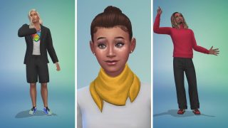 Un collage de 3 Sims. Un personaje con pelo largo y rubio, un primer plano de una Sim con vitiligo alrededor de los ojos, otro personaje con rastas y señalando al cielo.