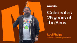 Loel sourit devant un fond Maxis orange et bordeaux, avec un plumbob au-dessus de sa tête. Texte : « Maxis célèbre les 25 ans des Sims. »