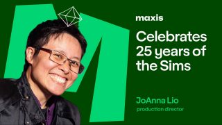 JoAnna Lio hymyilee Maxis-logon edessä. Teksti: Maxis juhlii 25 vuotta The Sims -peliä. Tuotantojohtaja.