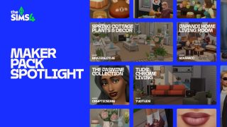 Une collection des packs de concepteur·ice Les Sims 4 sur un fond bleu. Le texte "Sélection de packs de concepteur·ice" est visible, ainsi que le logo Les Sims 4 sur la gauche.