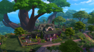 Image of a whimsical Sims cottage under a gigantic tree