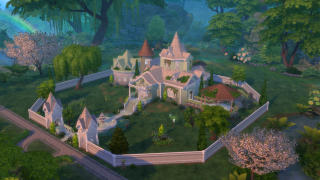 In-game screenshot of a large whimsical mansion in a luscious enchanted forest.