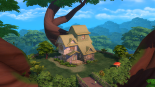 An in-game screenshot of a pink cottage sitting under a large tree.